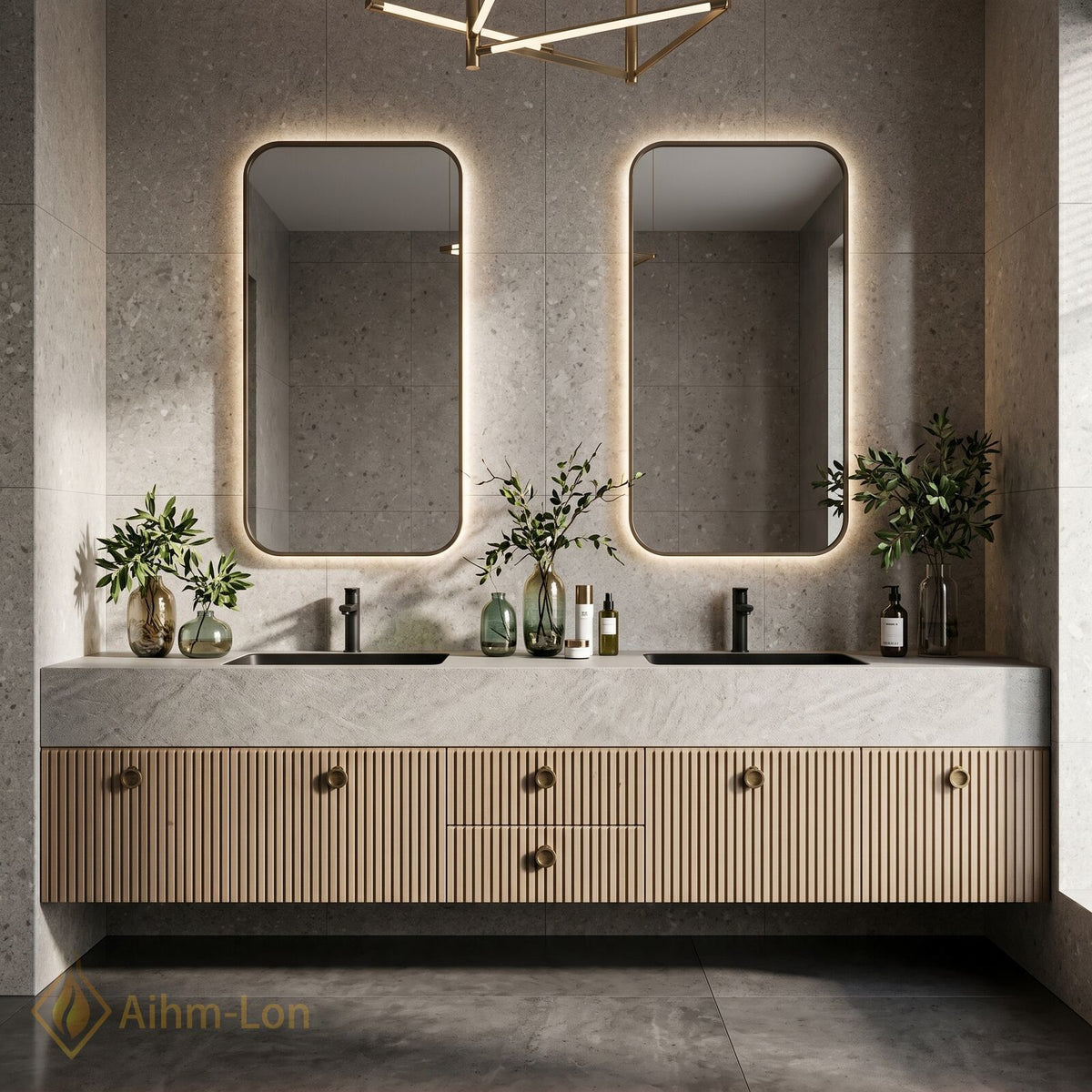 72''-96'' Double Bathroom Vanity with Sink Light Wood Slatted Panels Sleek Design