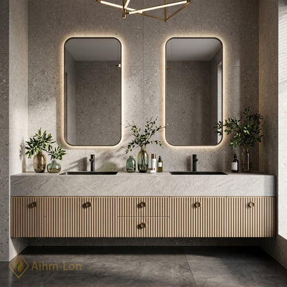 72''-96'' Double Bathroom Vanity with Sink Light Wood Slatted Panels Sleek Design