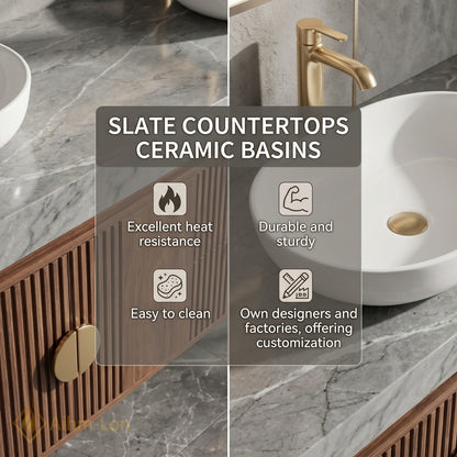 76''-96'' Double Bathroom Vanity with Sink Warm Wood Marble Top Gold Knobs