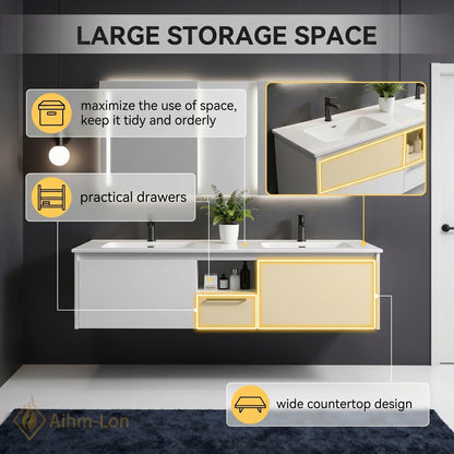 60''-96'' Modern Bathroom Vanity with Sink Double Sink Floating Wall-Mounted Mirror Cabinet