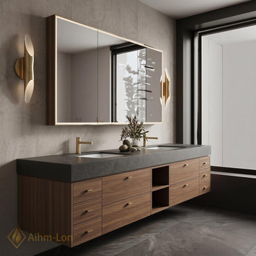 72''-96'' Double Bathroom Vanity with Sink Dark Floating Stone-Top Wooden Drawers