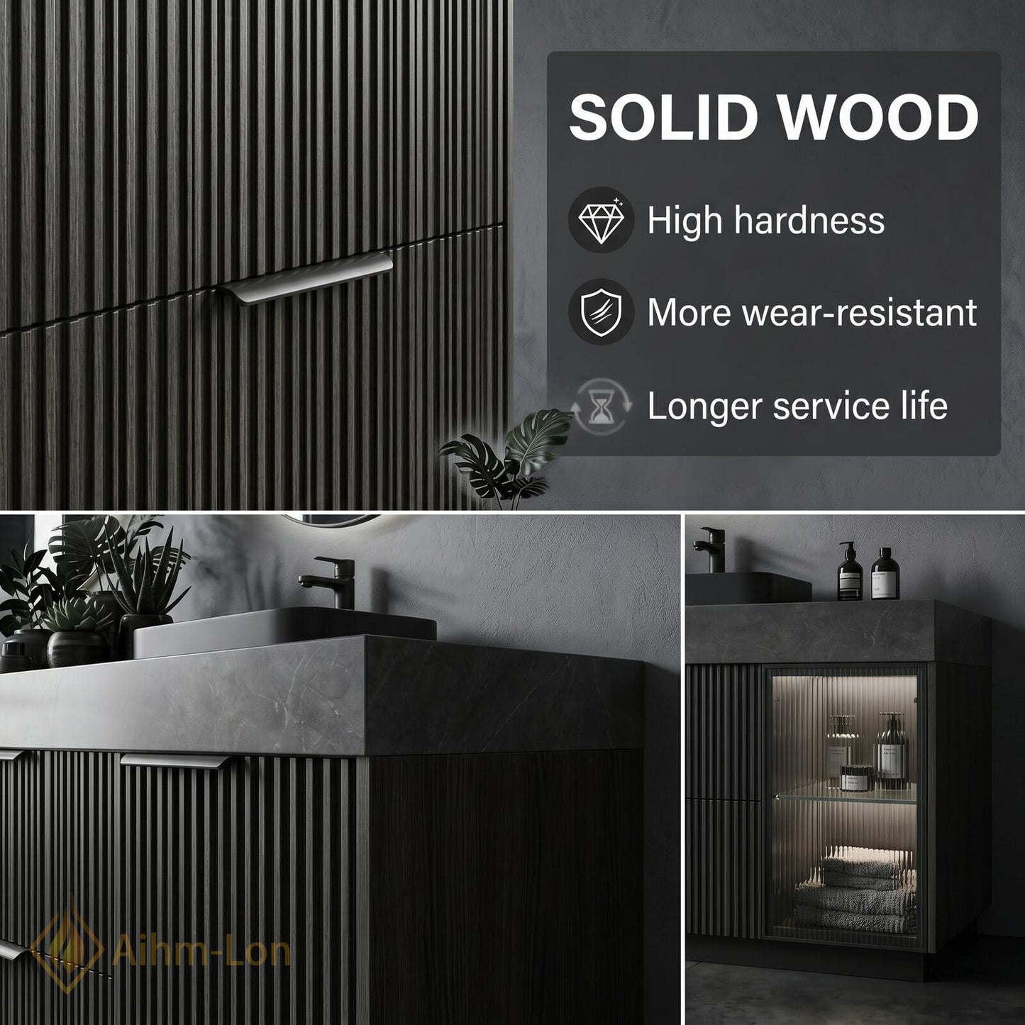 60''-96'' Double Bathroom Vanity with Sink Grey-Stone Glass Door Ribbed Vertical