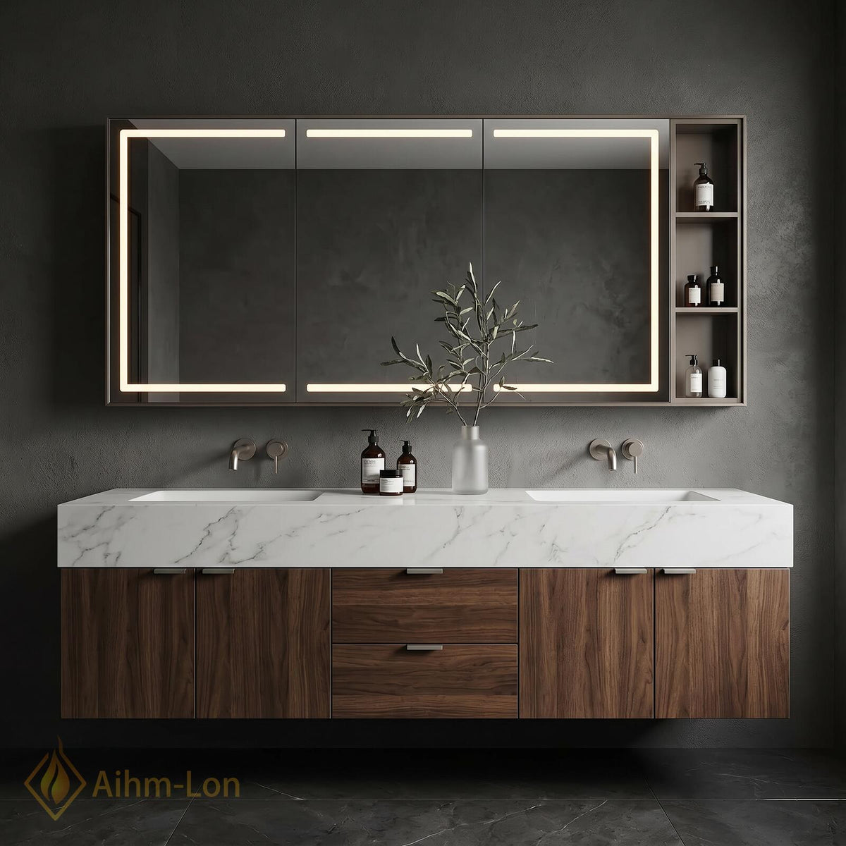 60''-96'' Double Bathroom Vanity with Sink Solid Stone Wood Grain Front Panels