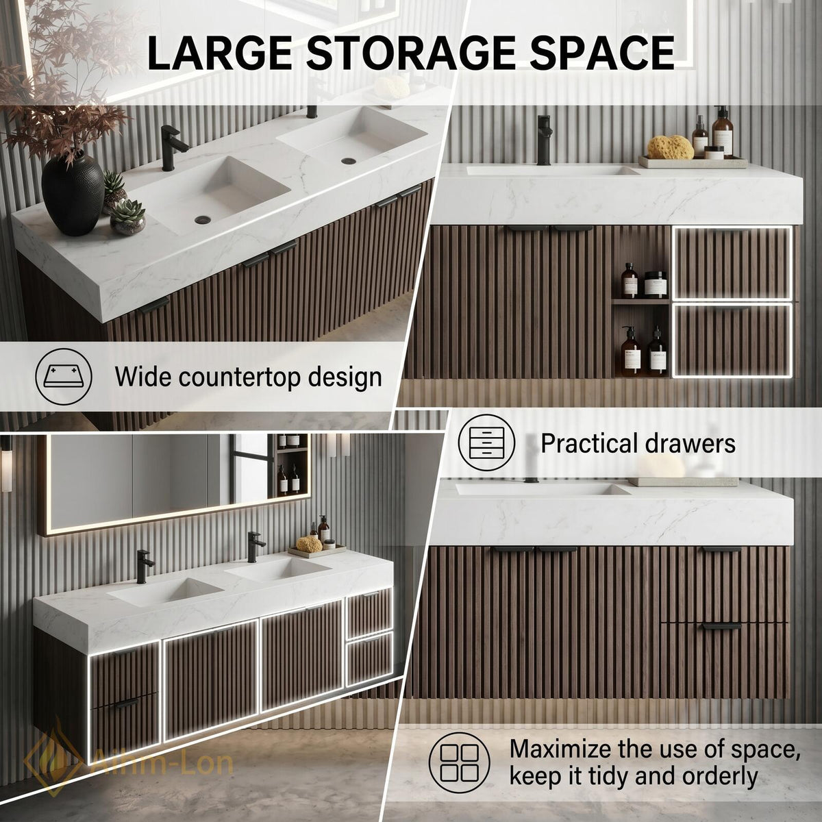 60''-96'' Double Bathroom Vanity with Sink Modern Floating Dark Walnut Slatted Storage