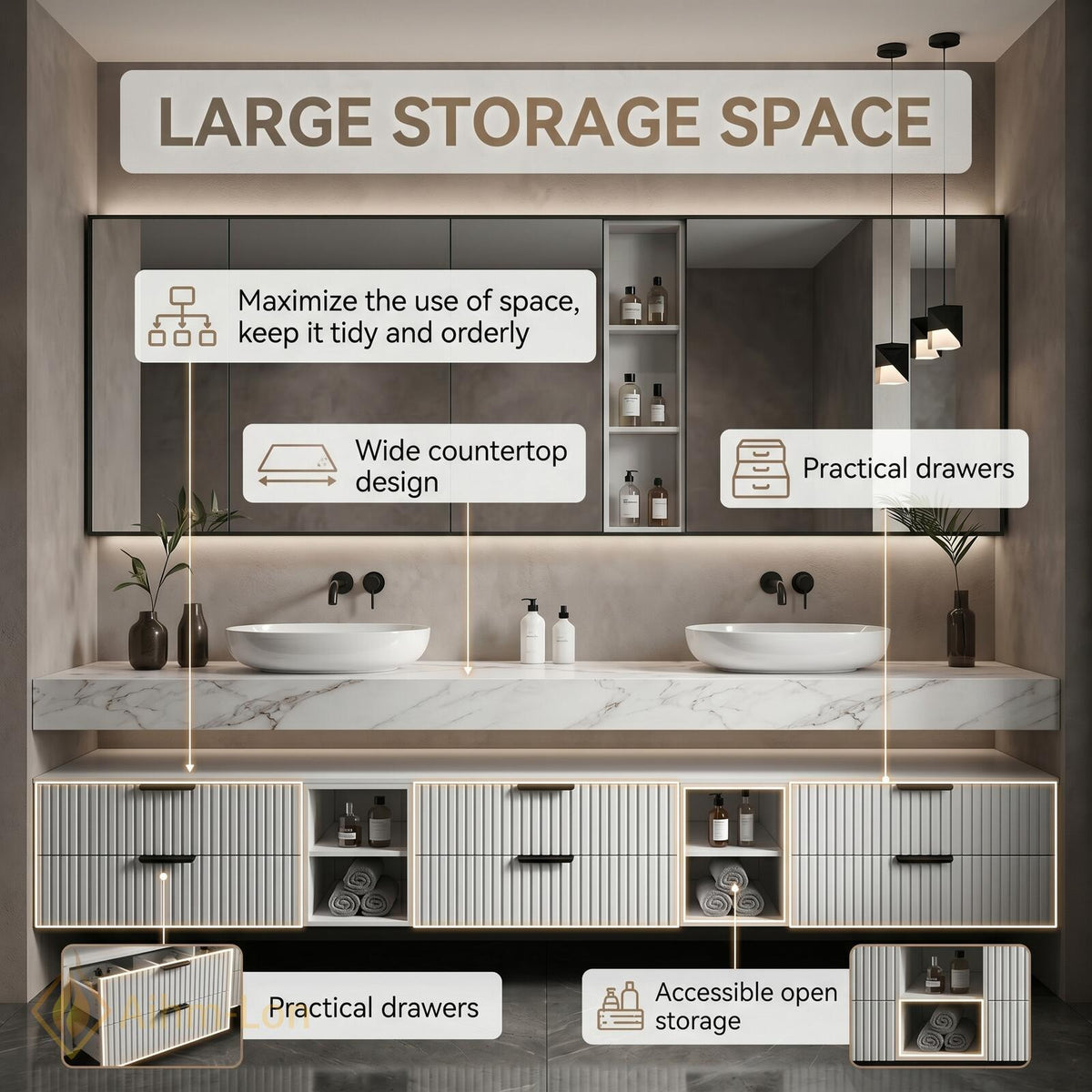 60''-96'' Double Bathroom Vanity with Sink Stone Texture Slats Open Bottom Shelf