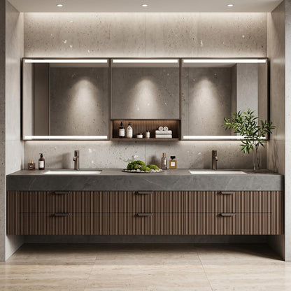 60''-96'' Modern Bathroom Vanity with Sink Double Sink Ribbed Wood Dark Stone Drawers Cabinet
