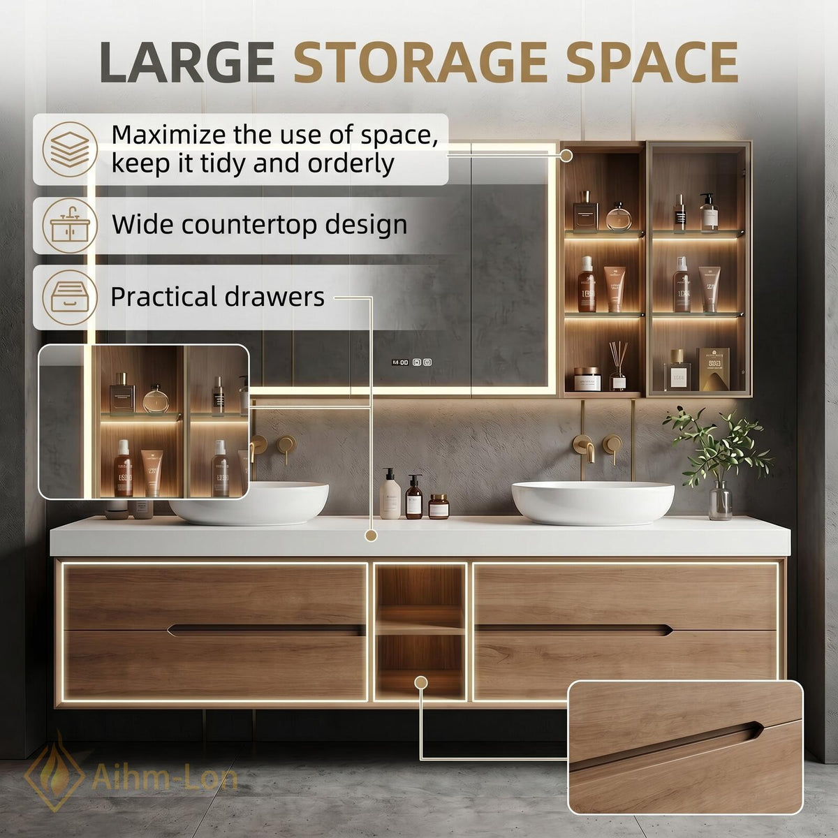60''-96'' Double Bathroom Vanity with Sink Floating Sleek Wall Mounted Frame Warm