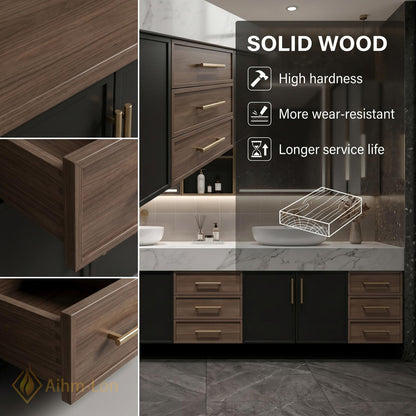 60''-96'' Double Bathroom Vanity with Sink Floating Marble Top Dark Wood Drawers