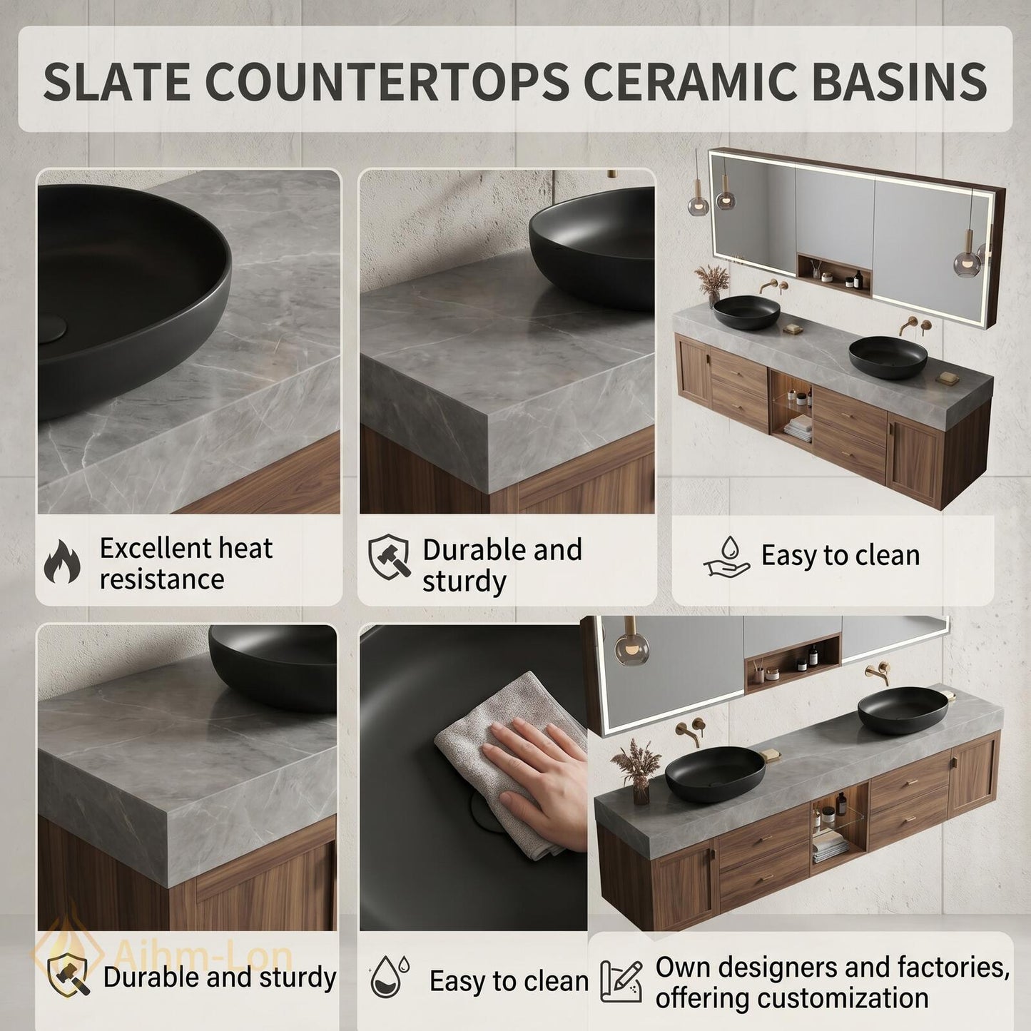 60''-96'' Double Bathroom Vanity with Sink Modern Floating Grey Marble Top Walnut