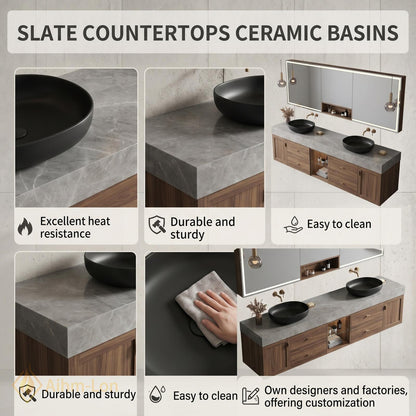 60''-96'' Double Bathroom Vanity with Sink Modern Floating Grey Marble Top Walnut