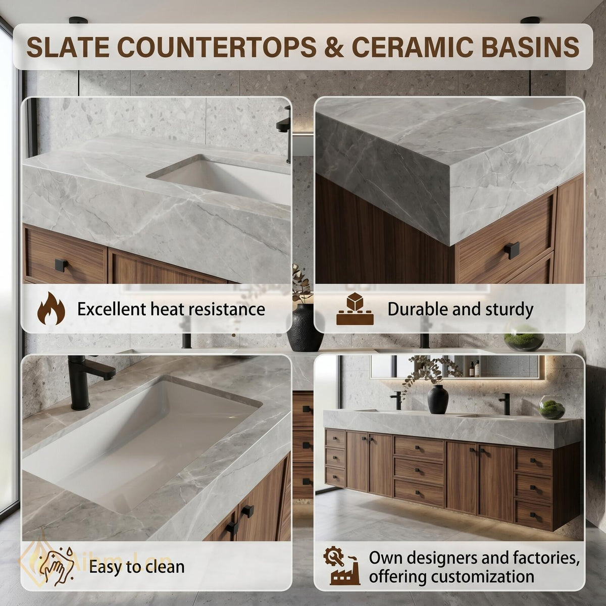 60''-96'' Double Bathroom Vanity with Sink Modern Floating Gray Stone Top Dark