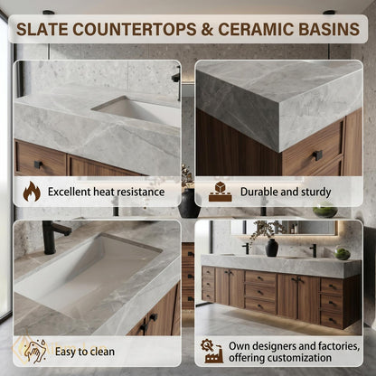 60''-96'' Double Bathroom Vanity with Sink Modern Floating Gray Stone Top Dark
