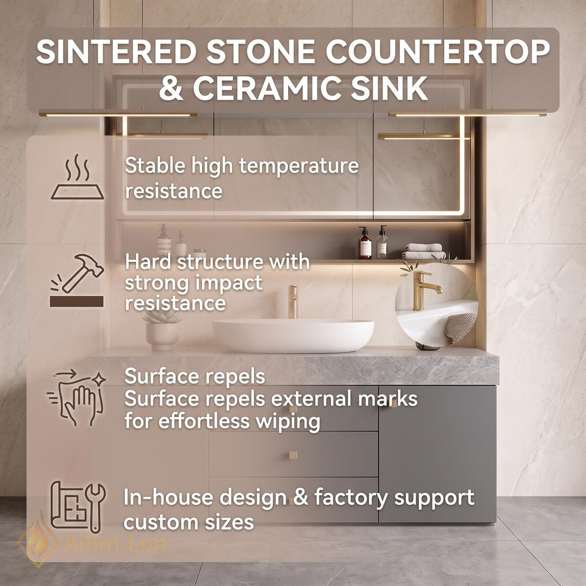 36''-110'' Floating Bathroom Vanity with Sink Sintered Stone Top Geometric Frame
