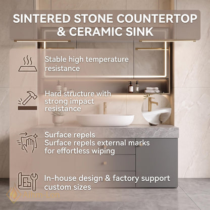 36''-110'' Floating Bathroom Vanity with Sink Sintered Stone Top Geometric Frame