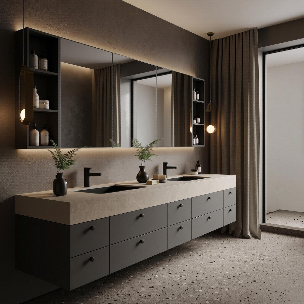 60''-96'' Double Bathroom Vanity with Sink Floating Matte Charcoal Stone-Effect Extensive Drawers