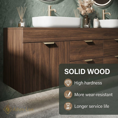 60''-96'' Double Bathroom Vanity with Sink Dark Walnut Slatted Center Panel Shelving