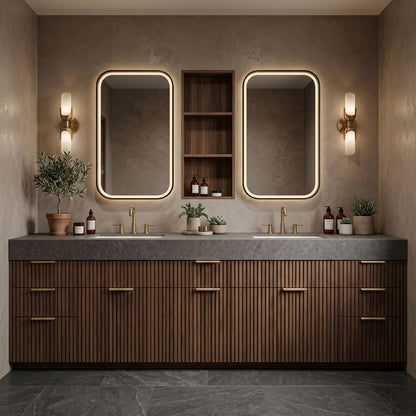 72''-96'' Modern Bathroom Vanity with Sink Dark Stone Wood Slatted Doors Shelf Cabinet