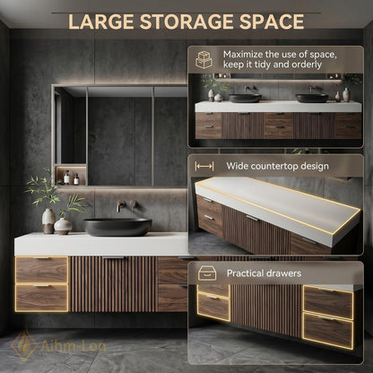 60''-96'' Double Bathroom Vanity with Sink Modern Dark Walnut Slatted Panel Floating