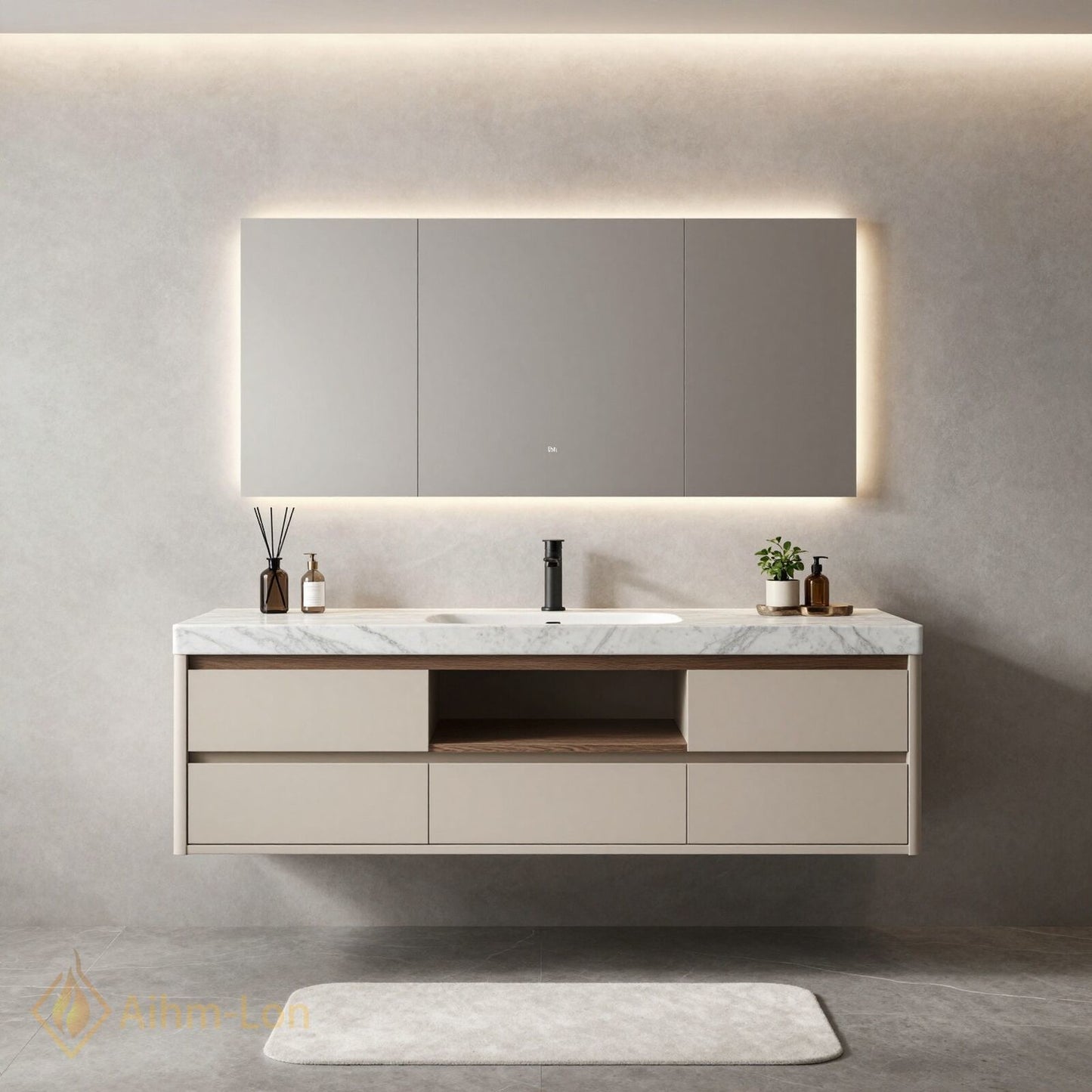 36''-64'' Modern Bathroom Vanity with Sink Marble Top Floating Drawers Central Shelf