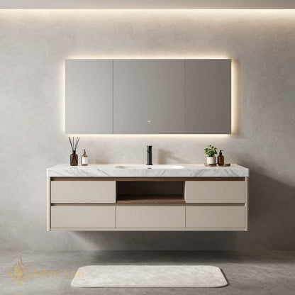 36''-64'' Modern Bathroom Vanity with Sink Marble Top Floating Drawers Central Shelf
