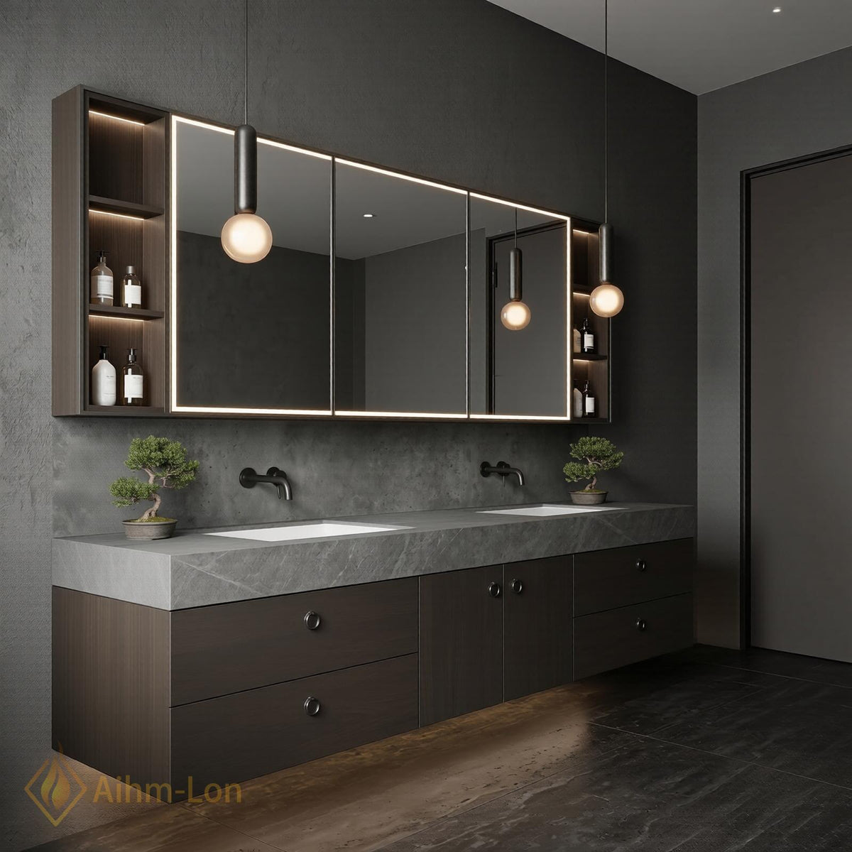 60''-96'' Double Bathroom Vanity with Sink Modern Floating Walnut Slatted Finish Dark