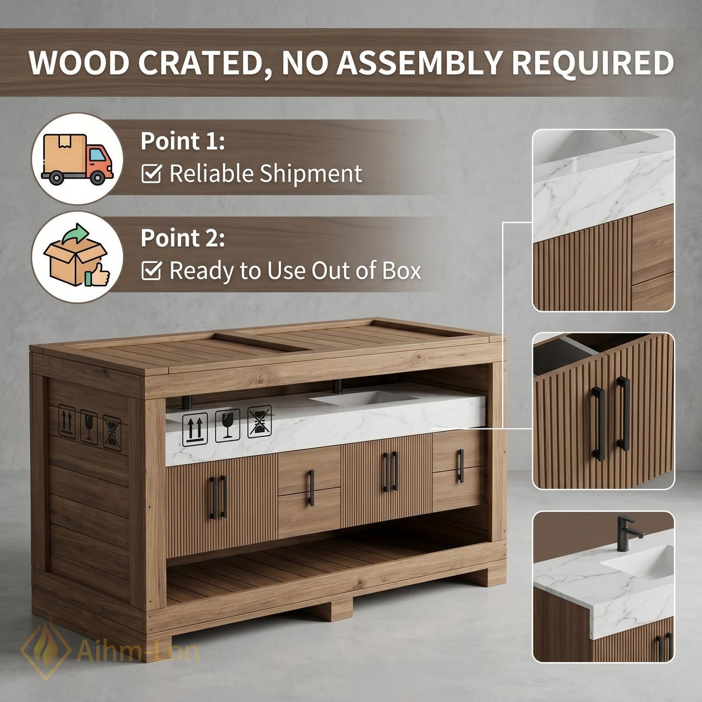 70''-96'' Modern Double Bathroom Vanity with Sink Warm Wood Slatted Front Panels