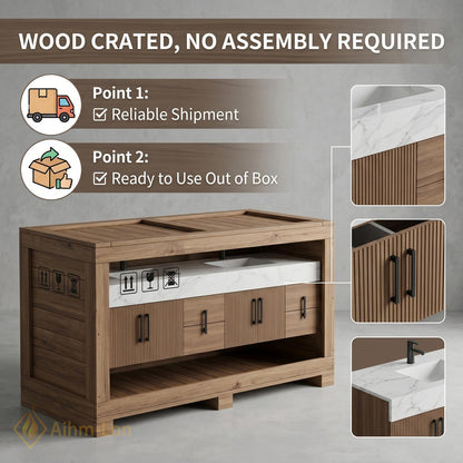 70''-96'' Modern Double Bathroom Vanity with Sink Warm Wood Slatted Front Panels