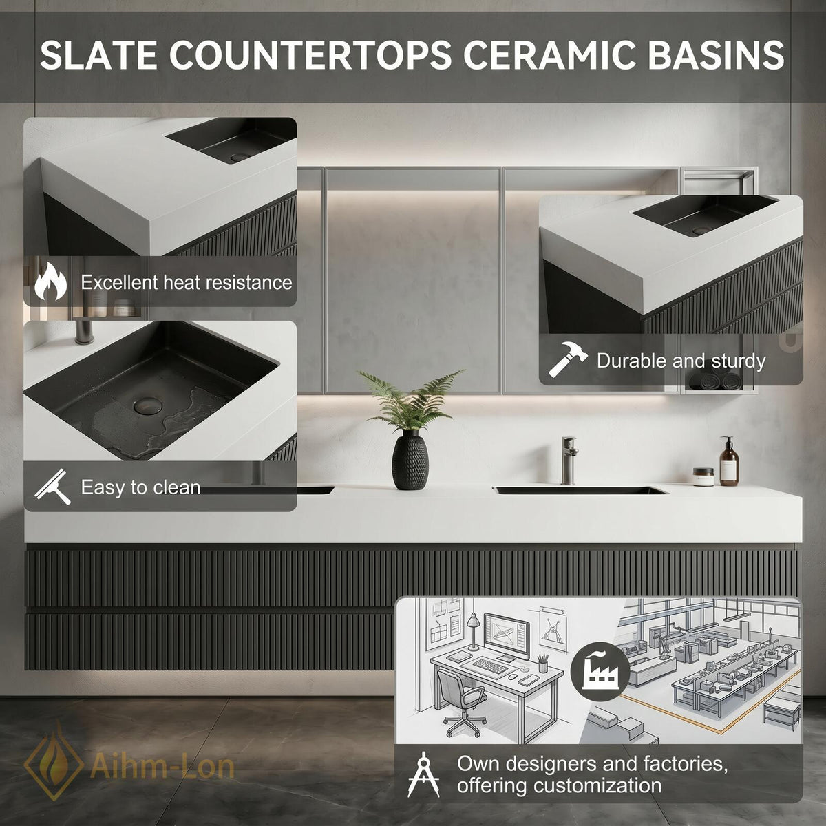 60''-96'' Double Bathroom Vanity with Sink Floating Double Charcoal Finish Slatted Front