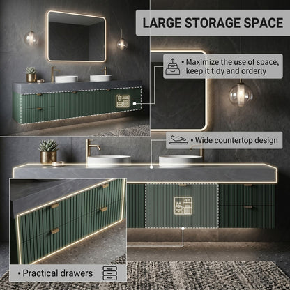 60''-96'' Double Bathroom Vanity with Sink Green Slatted Dark Grey Marble Top Cabinet