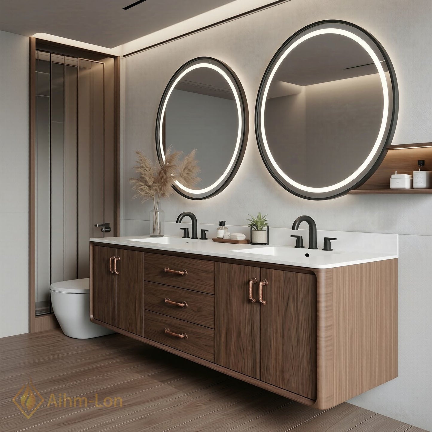 70''-96'' Double Bathroom Vanity with Sink Rich Wood Grain Floating Center Drawers