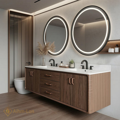 70''-96'' Double Bathroom Vanity with Sink Rich Wood Grain Floating Center Drawers