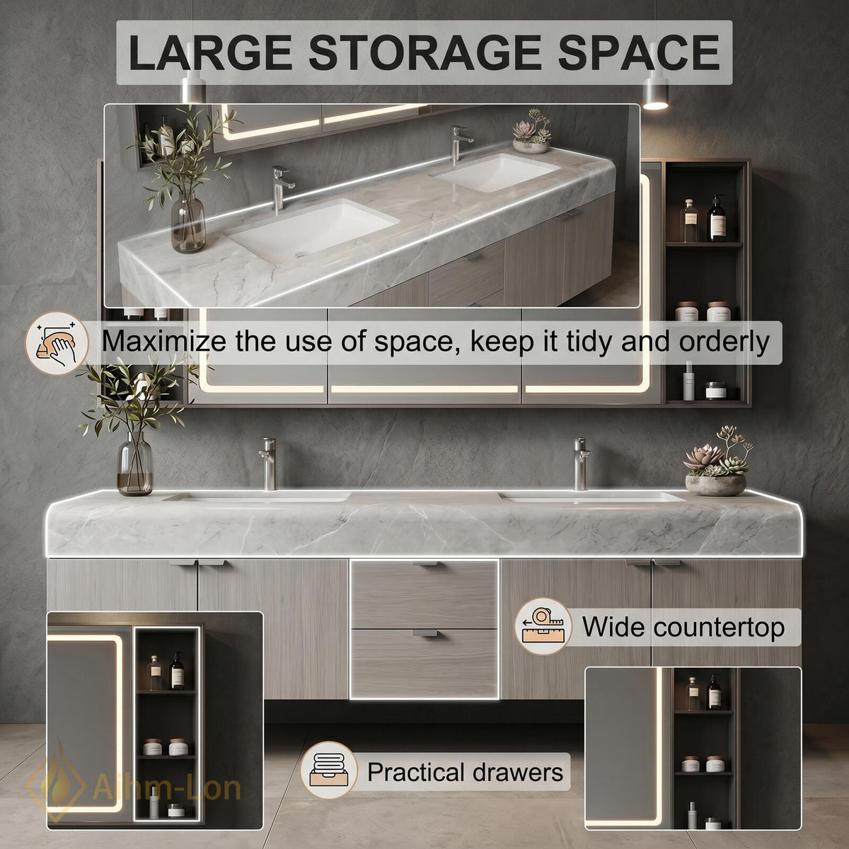 60''-96'' Bathroom Vanity with Sink Wide Span Floating Stone Countertop Mirror Cabinet