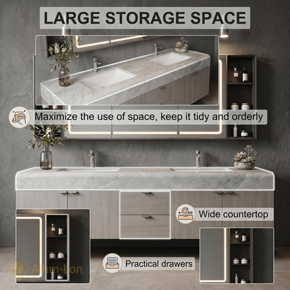 60''-96'' Bathroom Vanity with Sink Wide Span Floating Stone Countertop Mirror Cabinet