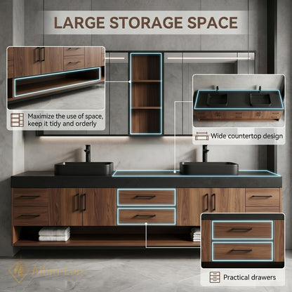 72''-96'' Double Bathroom Vanity with Sink Dark-Walnut Modern Slatted-Panel Finish