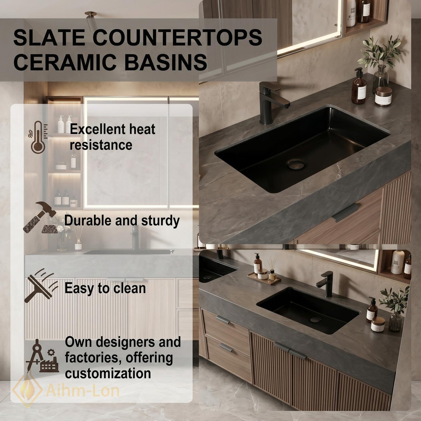 60''-96'' Double Bathroom Vanity with Sink Modern Floating Ribbed Wood Dark Stone