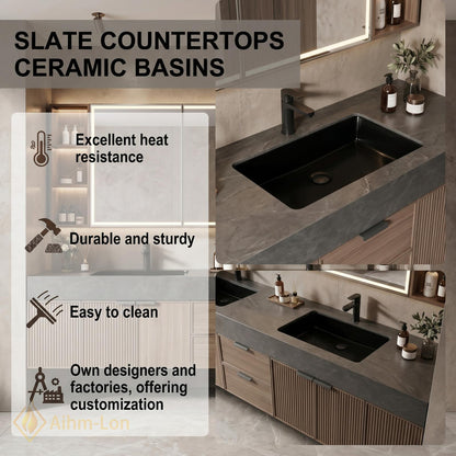 60''-96'' Double Bathroom Vanity with Sink Modern Floating Ribbed Wood Dark Stone