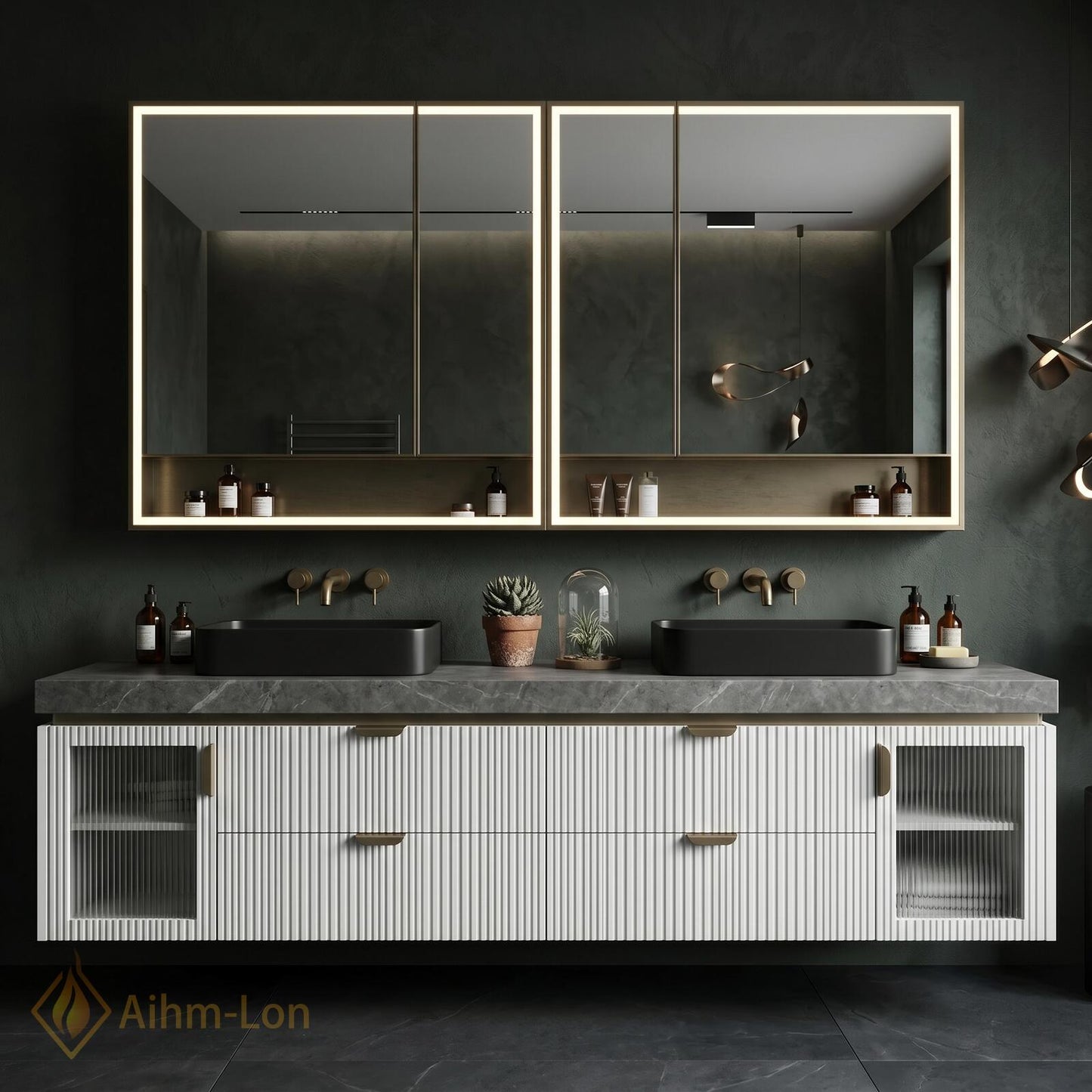70''-96'' Double Bathroom Vanity with Sink Floating Fluted Ribbed Frosted Glass Panels
