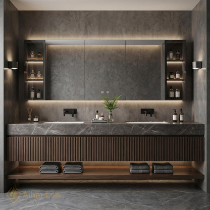 60''-96'' Double Bathroom Vanity with Sink Floating Gray Vein Stone Fluted Panel