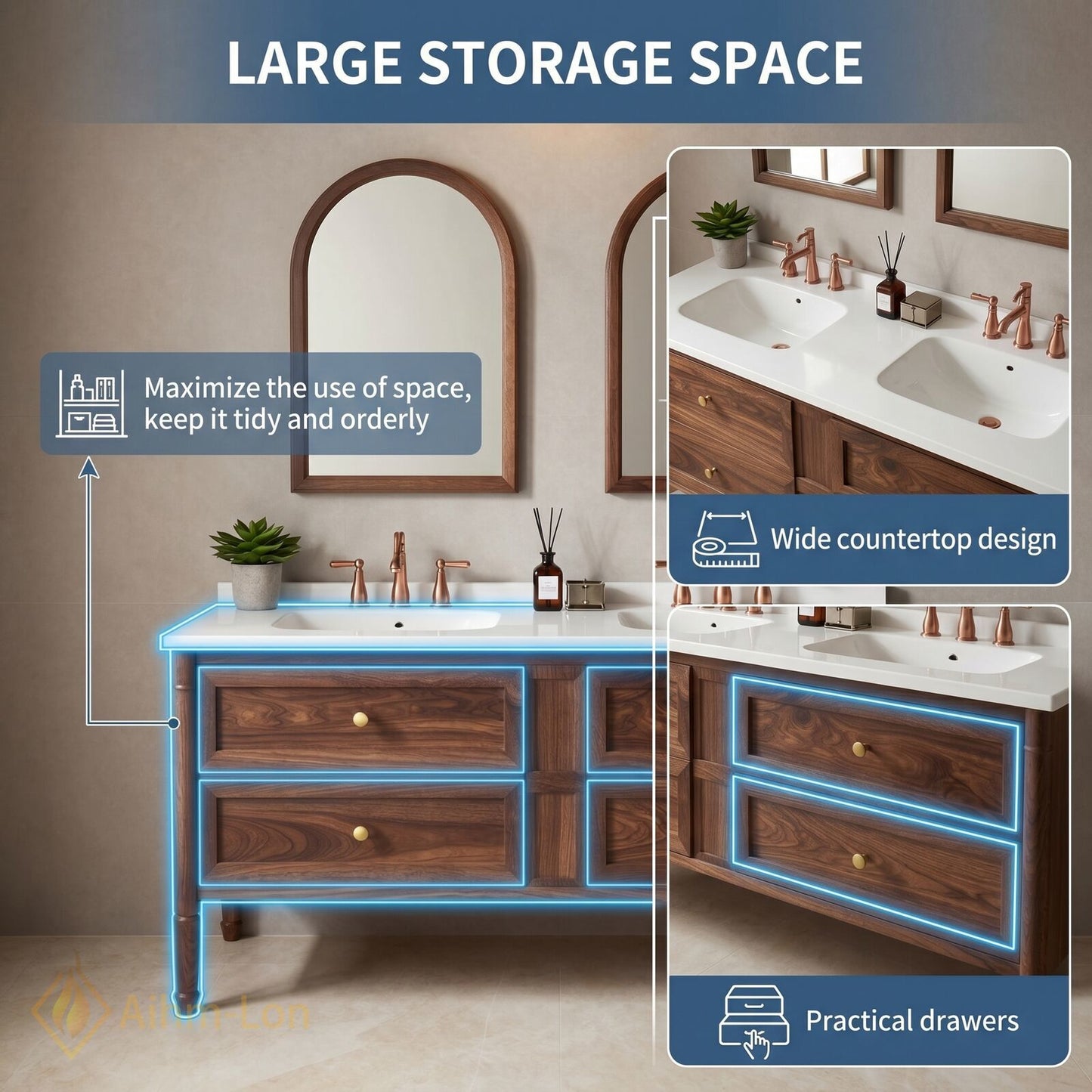 60''-96'' Modern Bathroom Vanity with Sink Walnut White Stone Copper Hardware Drawers