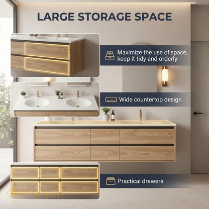 60''-96'' Modern Bathroom Vanity with Sink Floating Oak Grain Gold Tone Drawers