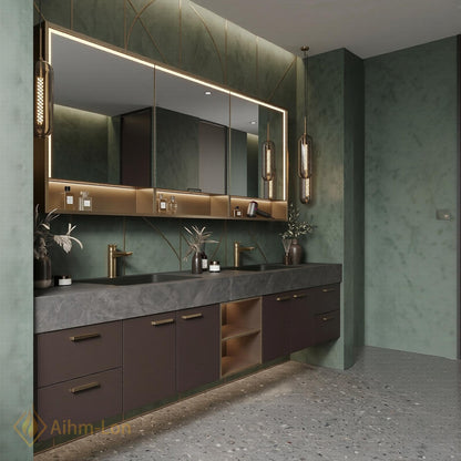 60''-96'' Double Bathroom Vanity with Sink Black Vessel Sinks Grey Veined Marble