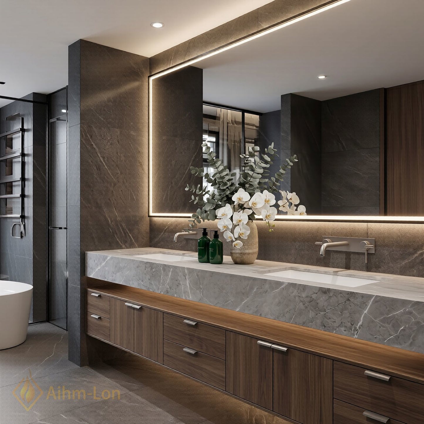 76''-96'' Bathroom Vanity with Sink Floating Storage Drawers Large Marble Texture Top