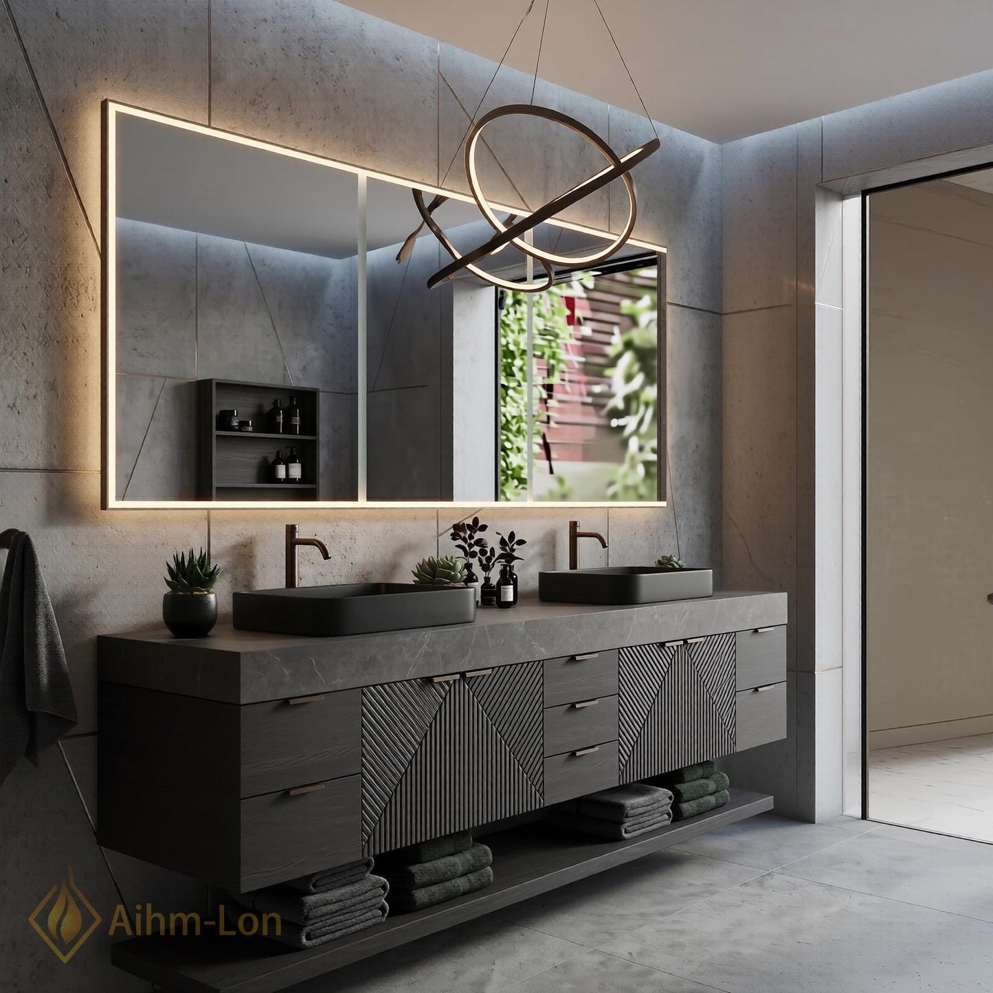 78''-96'' Modern Floating Bathroom Vanity with Sink Geometric Facades Dark Grey Finish