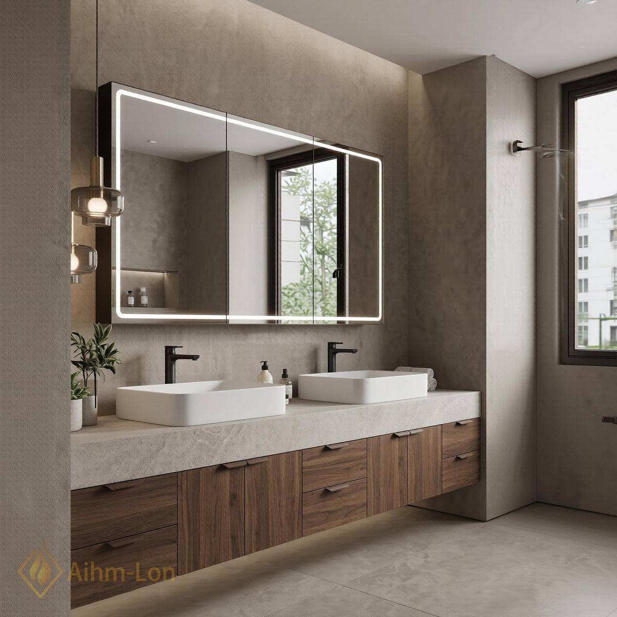 72''-96'' Double Bathroom Vanity with Sink Floating Double Dark Wood Finish Featuring