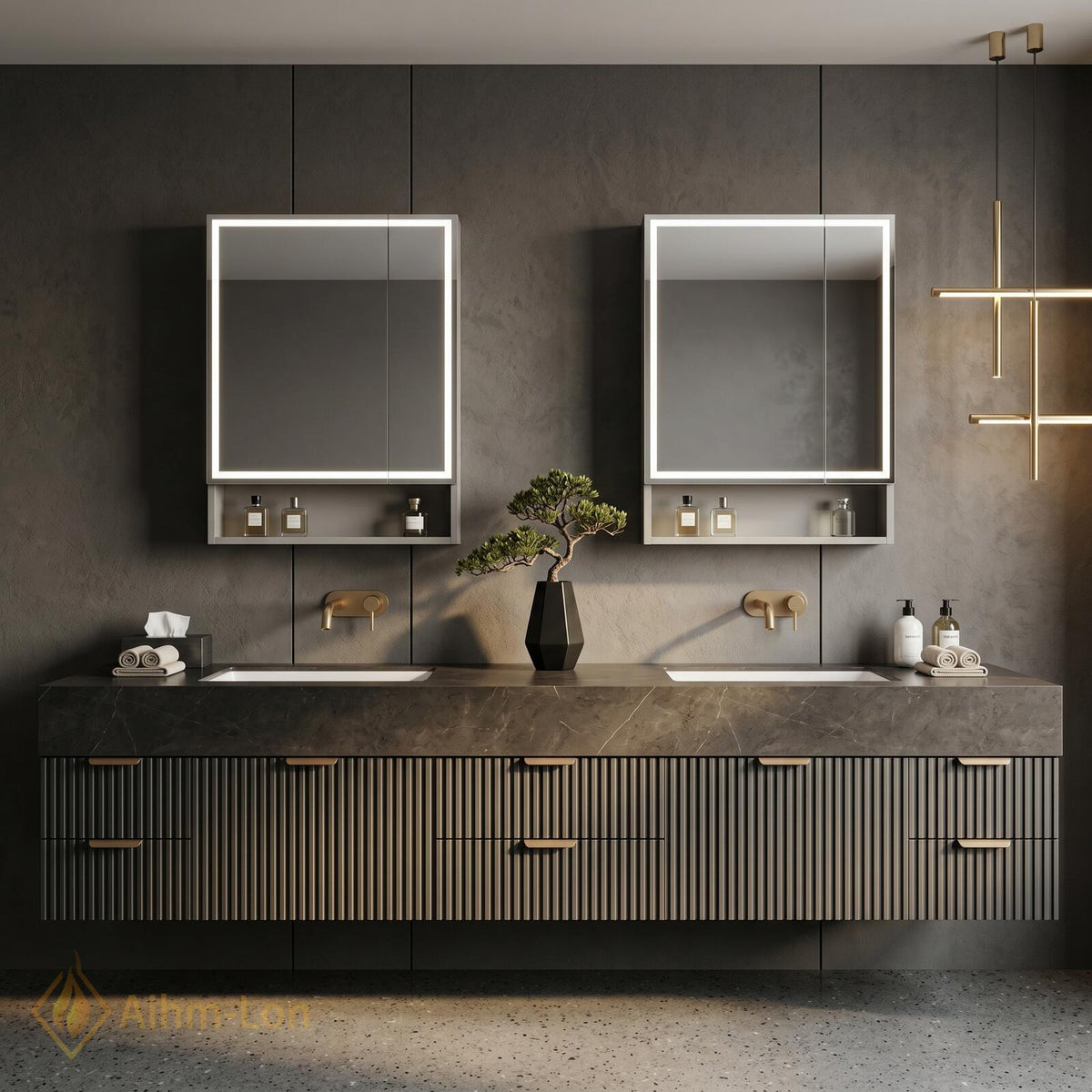 60''-96'' Double Bathroom Vanity with Sink Slatted Front Dark Stone Finish Storage