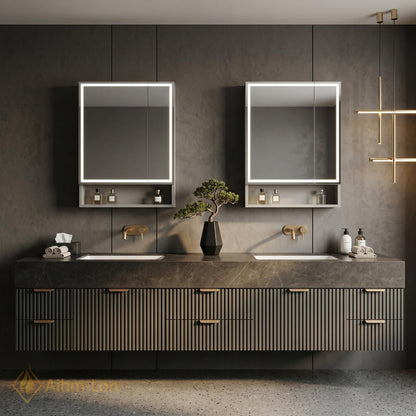 60''-96'' Double Bathroom Vanity with Sink Slatted Front Dark Stone Finish Storage