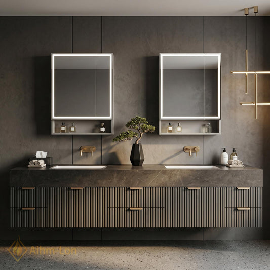 60''-96'' Double Bathroom Vanity with Sink Slatted Front Dark Stone Finish Storage