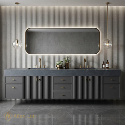 72''-96'' Double Bathroom Vanity with Sink Dark Slatted Finish Dual Drawers Shelving