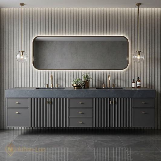 72''-96'' Double Bathroom Vanity with Sink Dark Slatted Finish Dual Drawers Shelving