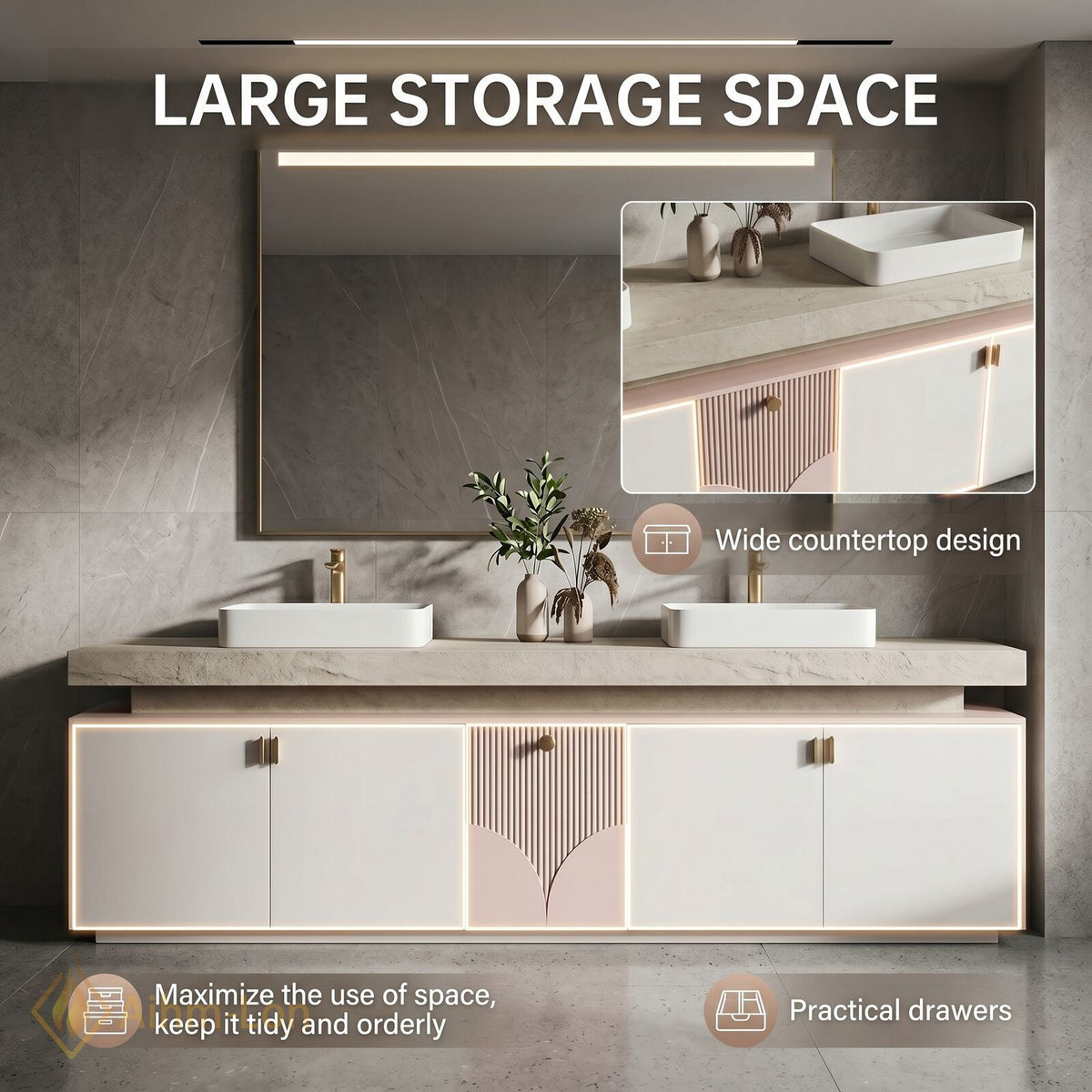 70''-96'' Double Bathroom Vanity with Sink Soft Pink Finish Slatted Center Panel